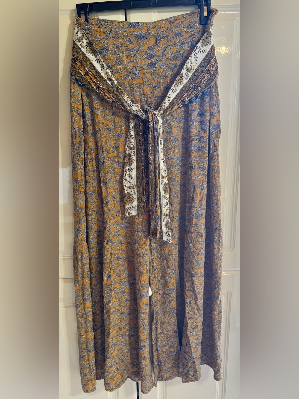 Wide Leg Printed Trousers with Tie Waist - Mustard Blue